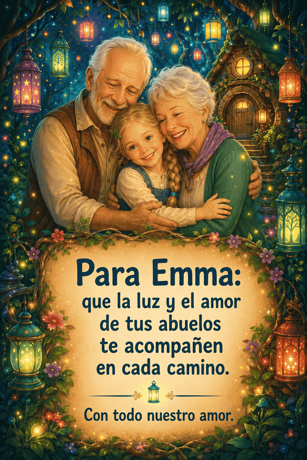 Dedicatoria de 👧👵👴 Emma con sus abuelos en el bosque de las linternas mágicas