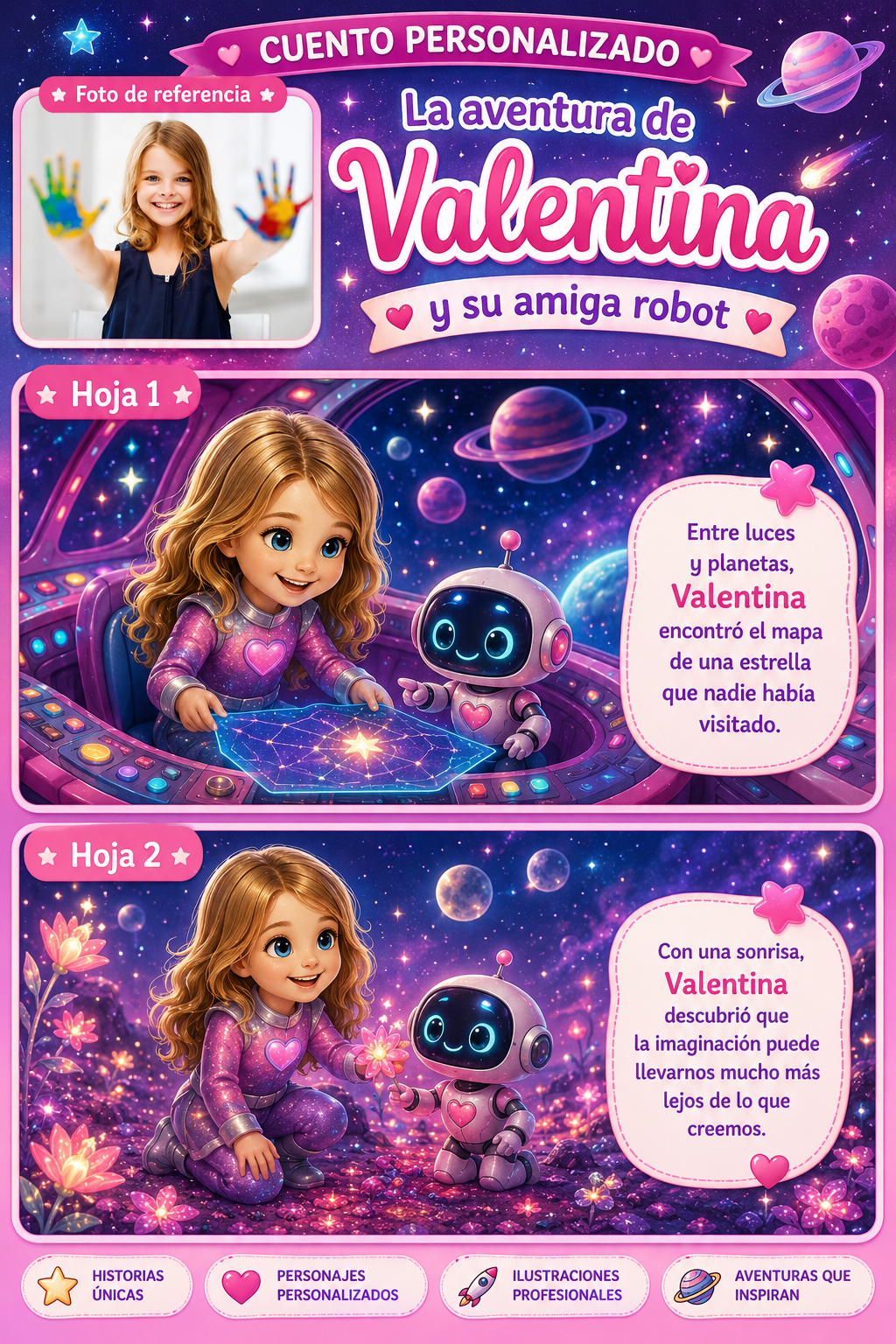 Páginas de muestra de cuento espacial personalizado para niña
