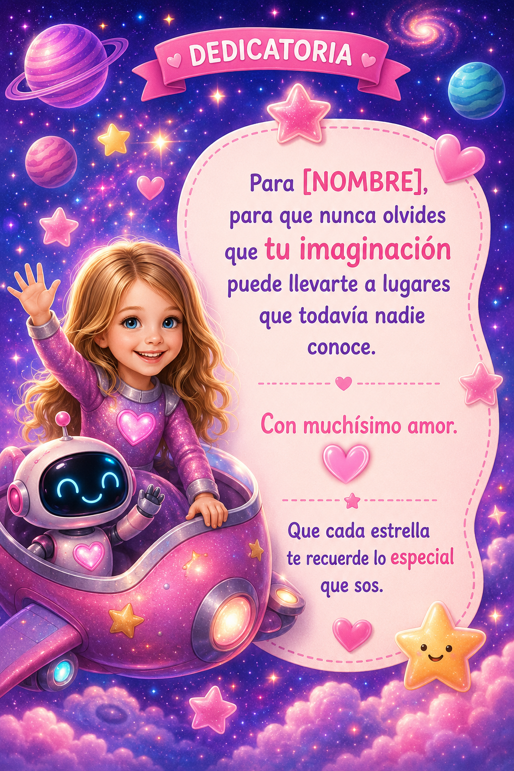 Dedicatoria final de cuento espacial personalizado para niña