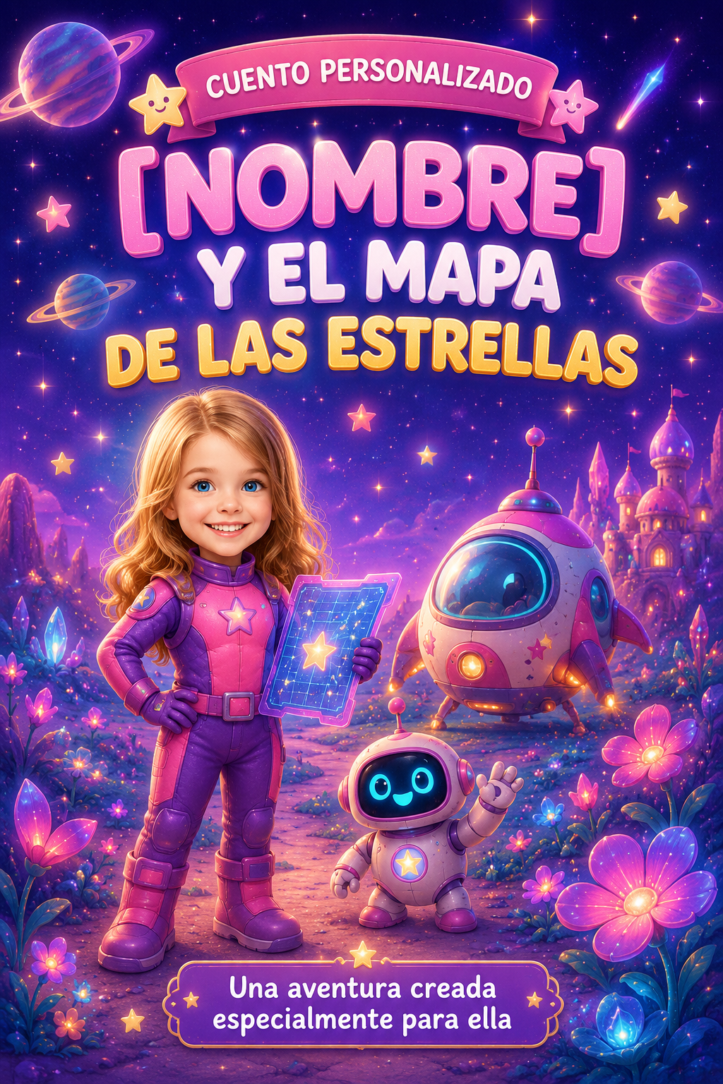 Portada de cuento espacial personalizado para niña