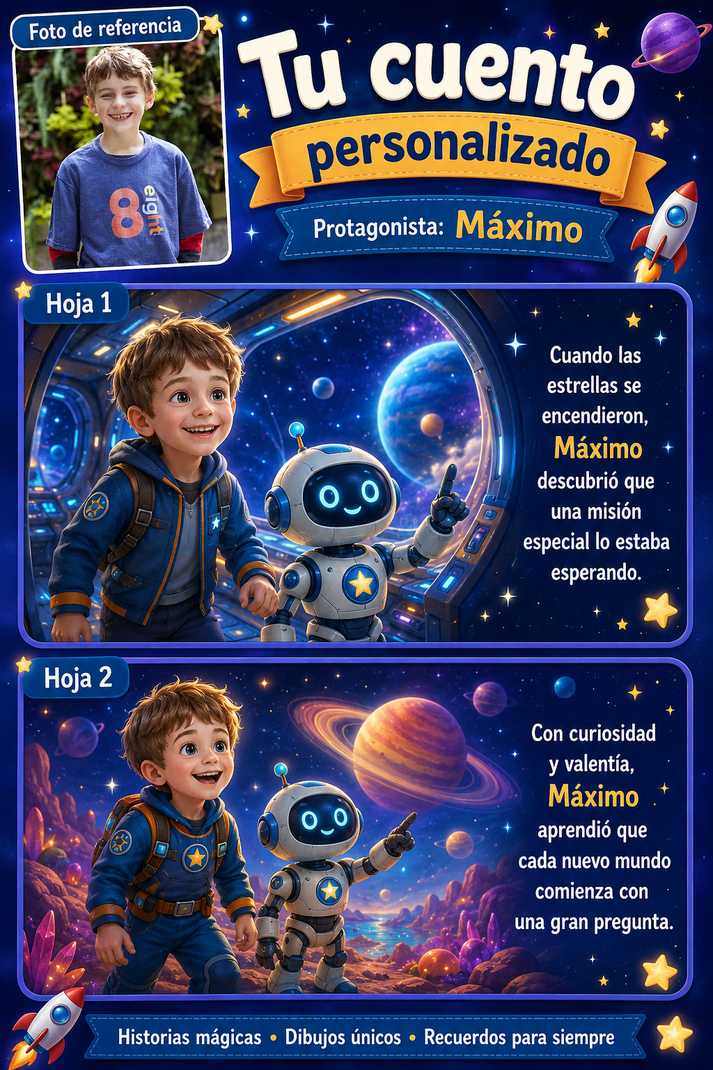 Páginas de muestra de cuento espacial personalizado para niño