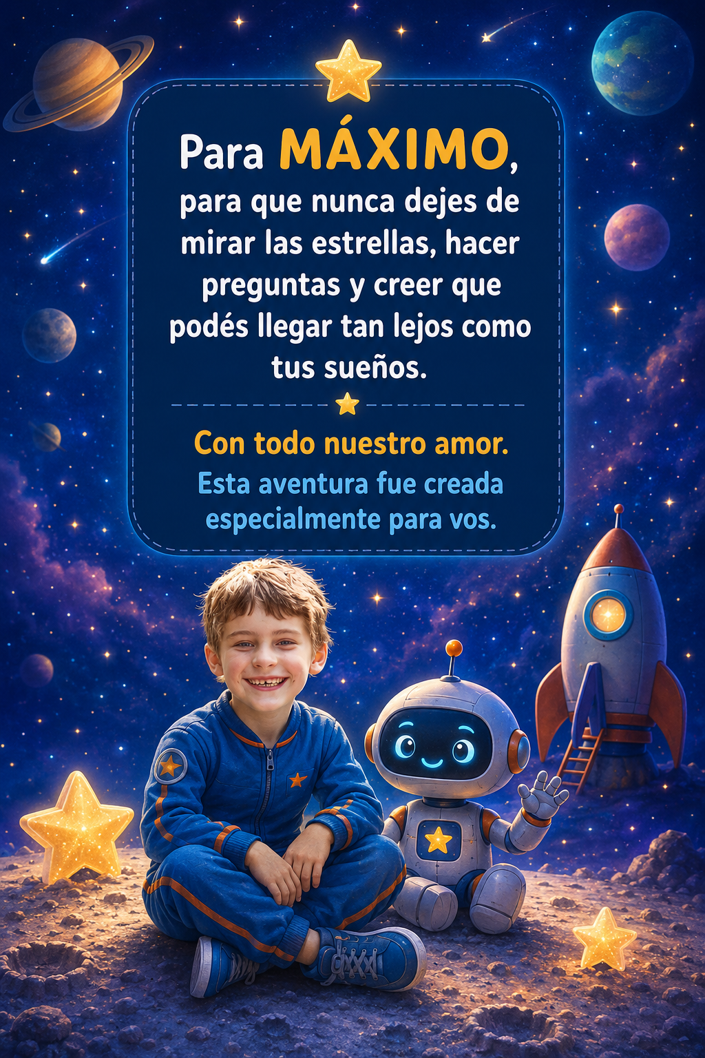 Dedicatoria final de cuento espacial personalizado para niño