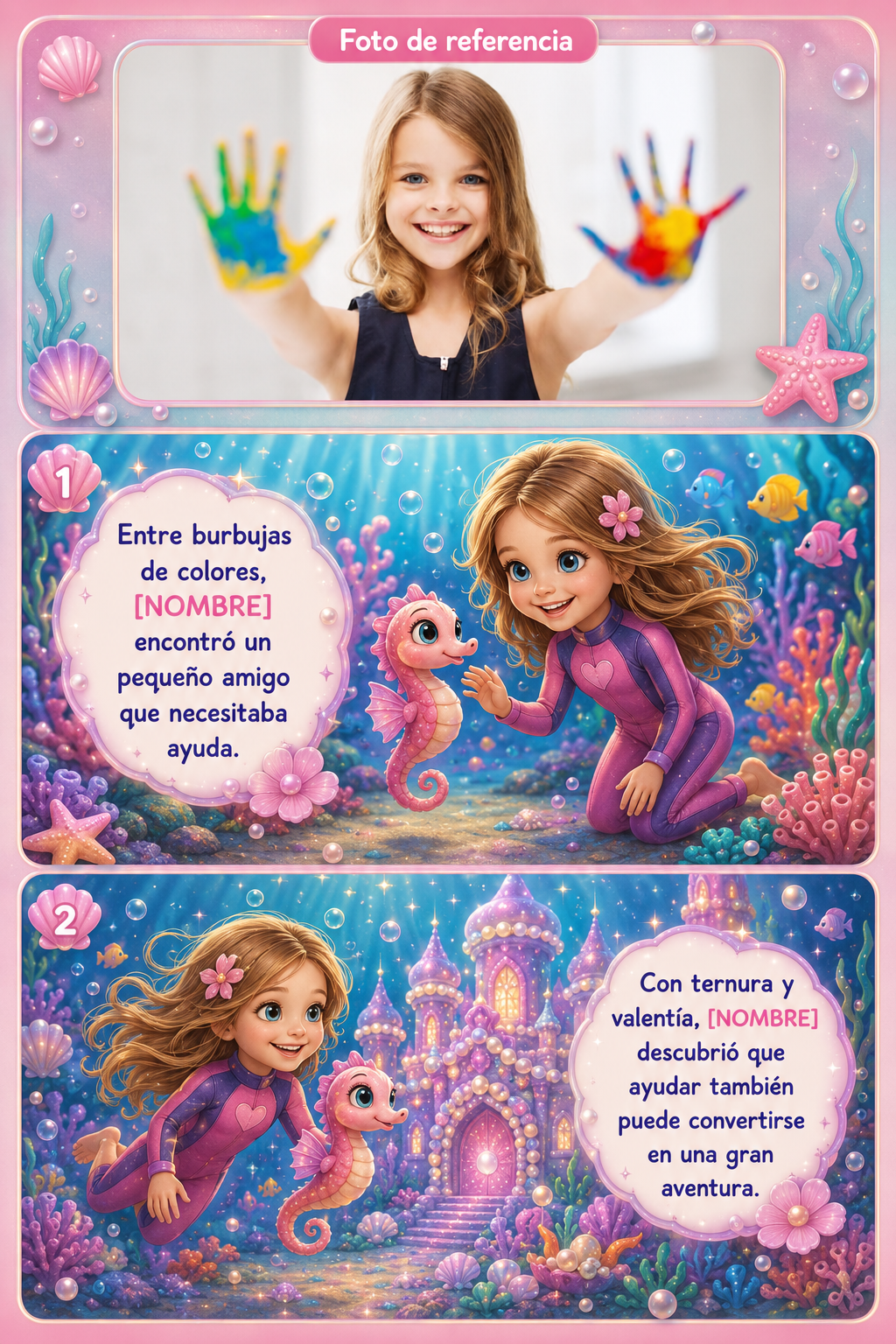 Páginas de muestra de cuento submarino personalizado para niña