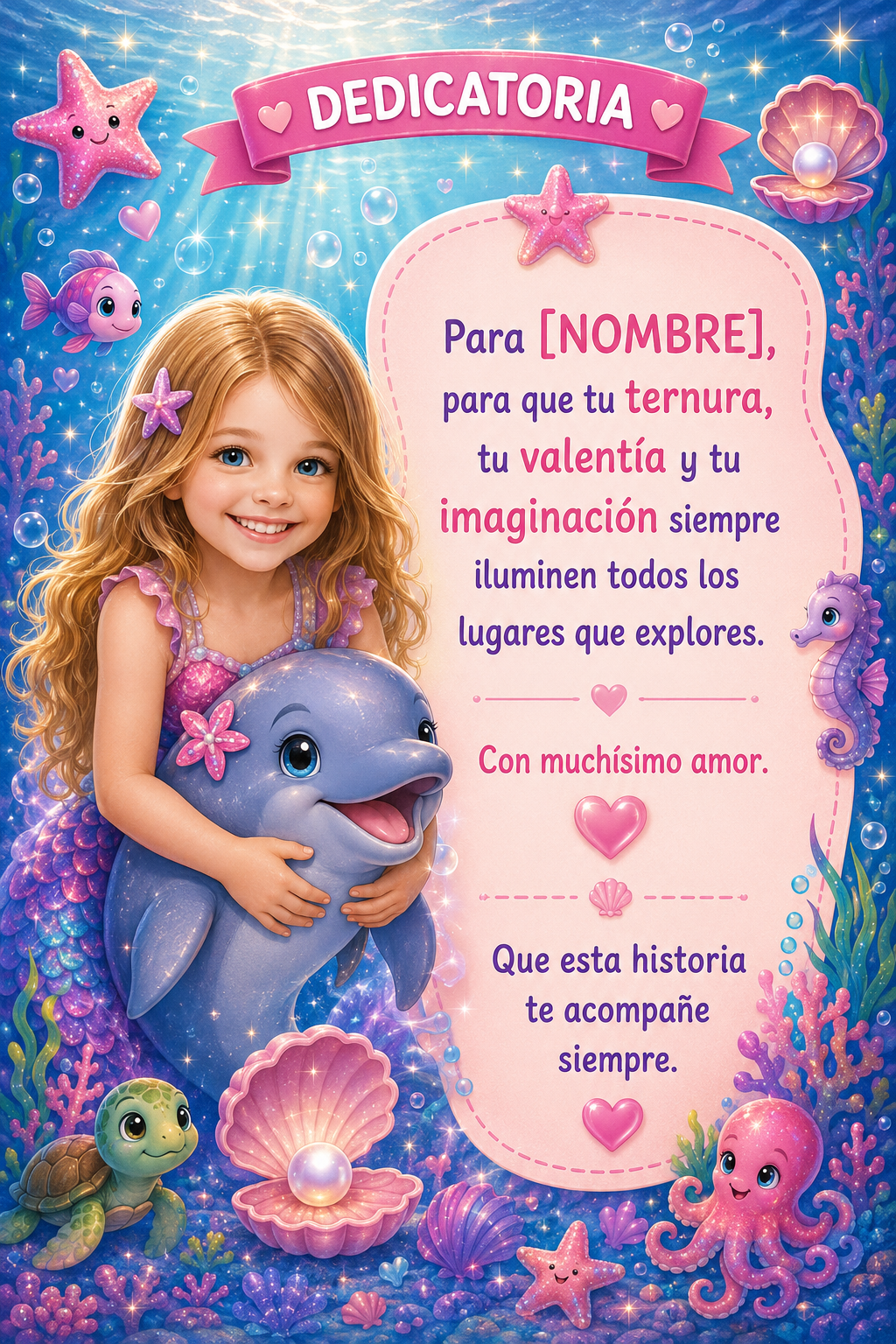 Dedicatoria final de cuento submarino personalizado para niña