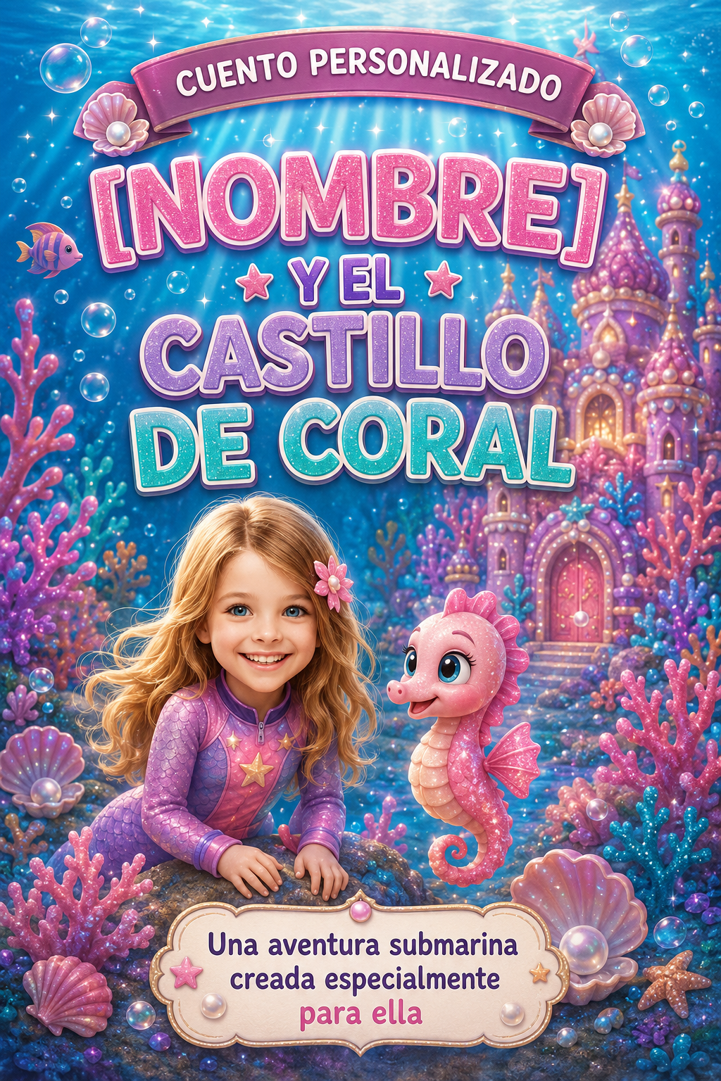 Portada de cuento submarino personalizado para niña