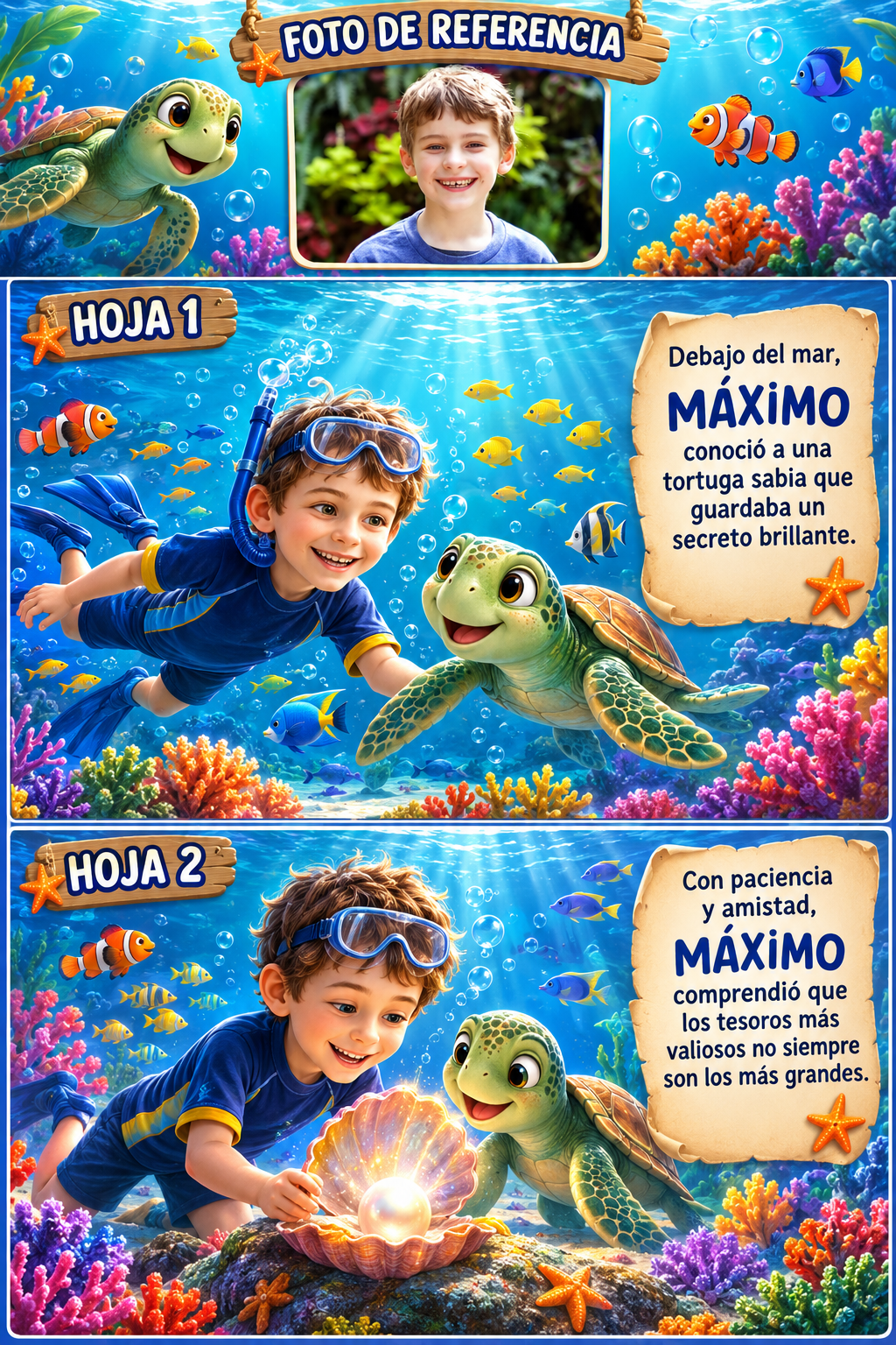 Páginas de muestra de cuento submarino personalizado para niño
