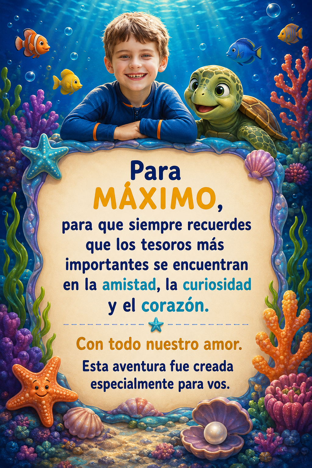 Dedicatoria final de cuento submarino personalizado para niño