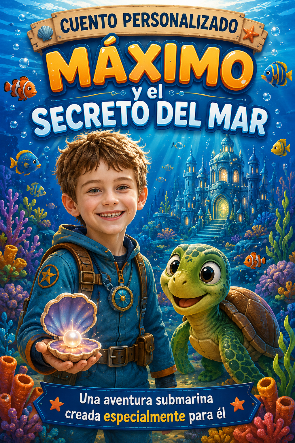 Portada de cuento submarino personalizado para niño