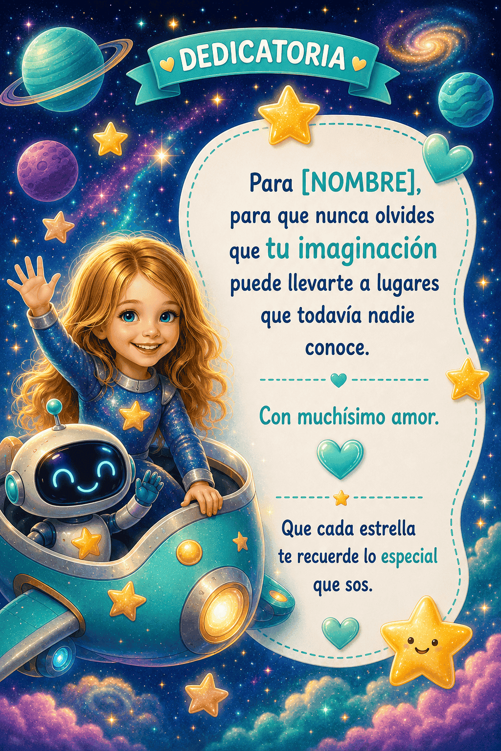 Dedicatoria final de cuento espacial personalizado