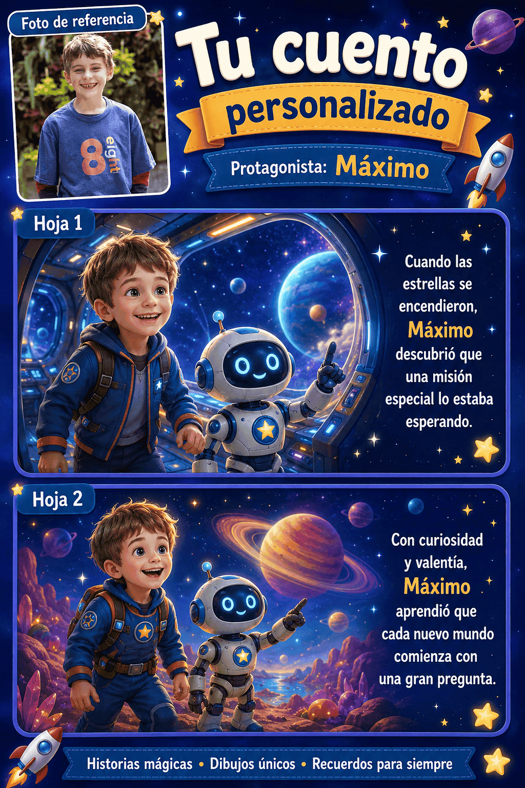 Páginas de muestra de cuento espacial personalizado